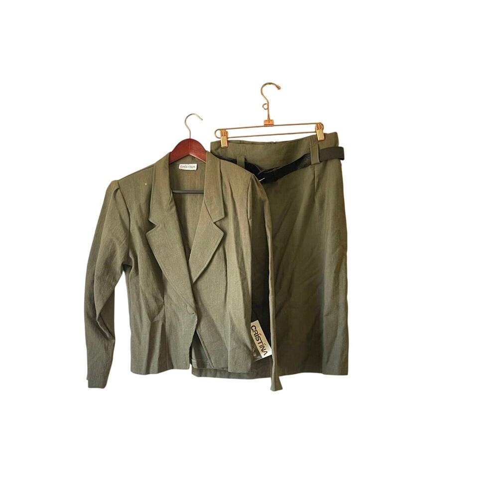 NWT vintage 80s linen feel dark green blazer and skirt set size 10‎